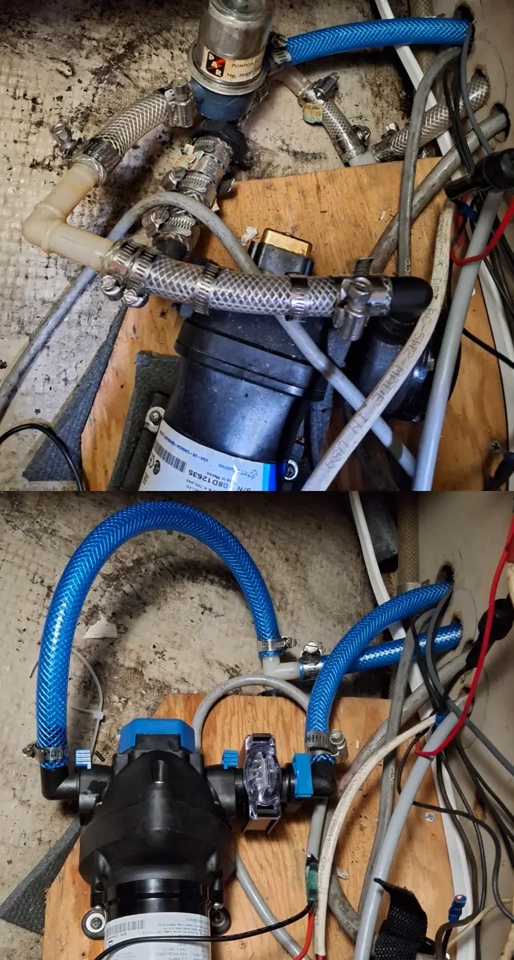 The old fresh water pump contained materials not safe for potable water, the diaphragm in the accumulator tank (not pictured) was disintegrating, and all the old hoses were brittle and gross. I replaced the entire fresh water system, except for the tanks, which I treated with sanitizer.